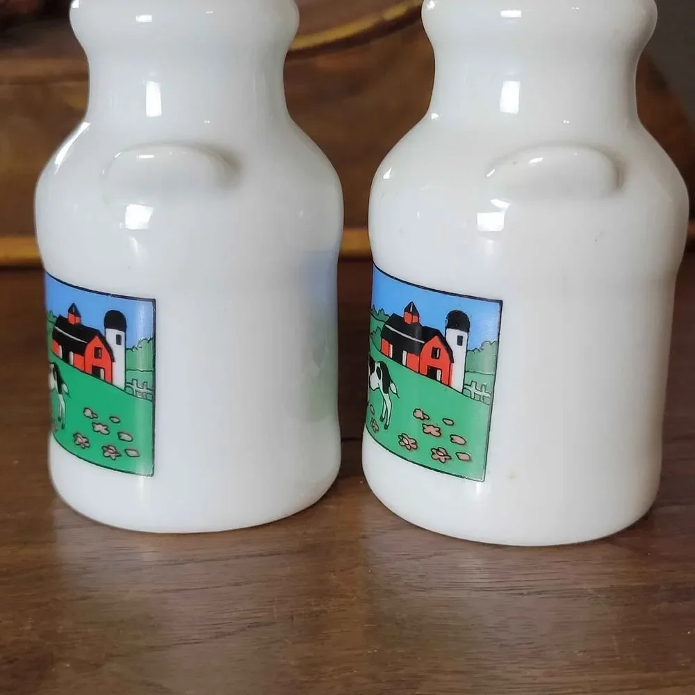 Vintage Milk Can Salt and Pepper Shakers Cows in Pasture scene